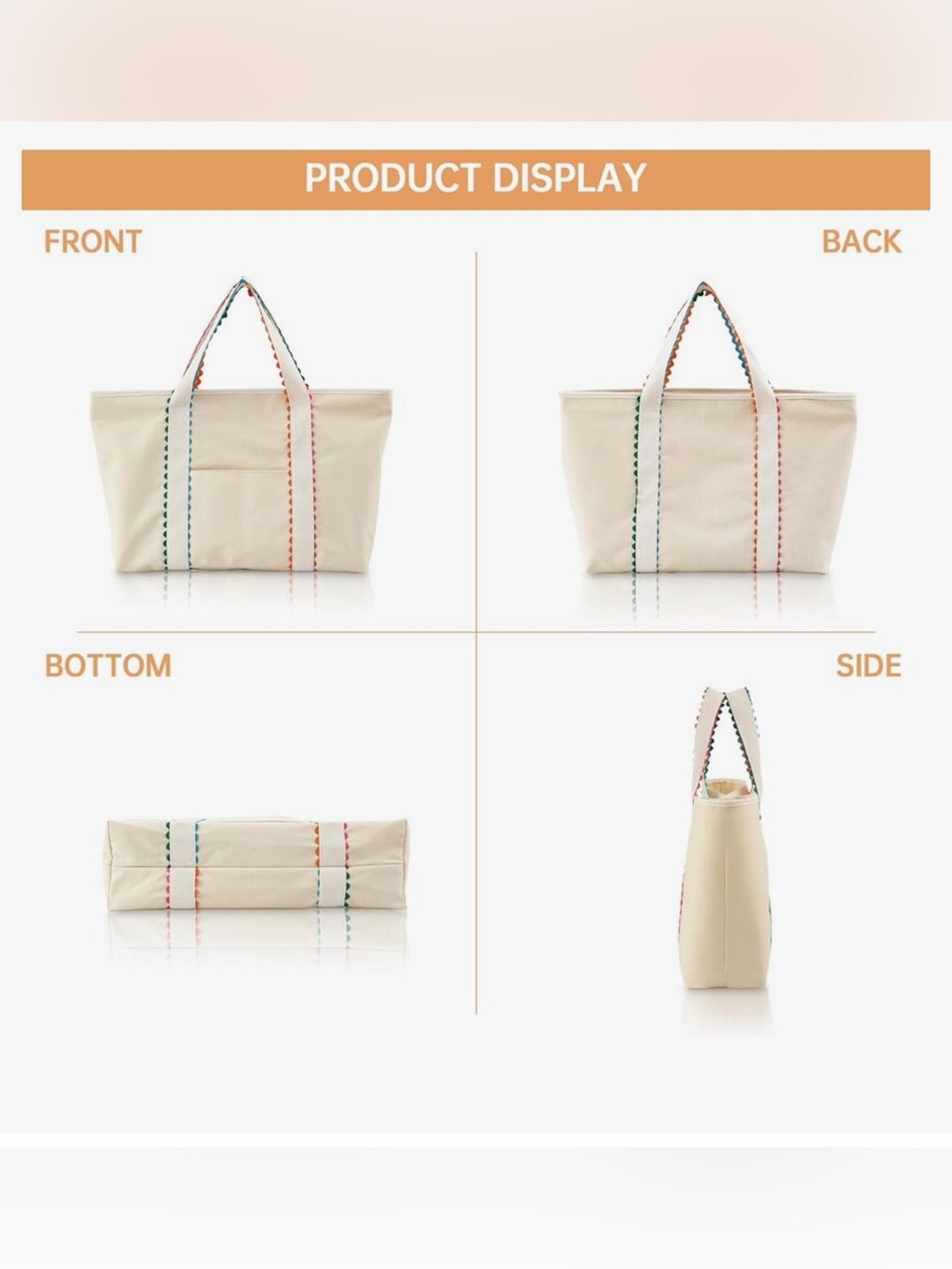 Canvas Tote Bag for, Rainbow Rick Rack Trim Handbag, Large Shoulder - Picture 5 of 16